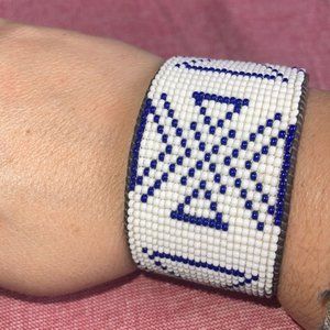 Pretty blue and white beaded cuff bracelet